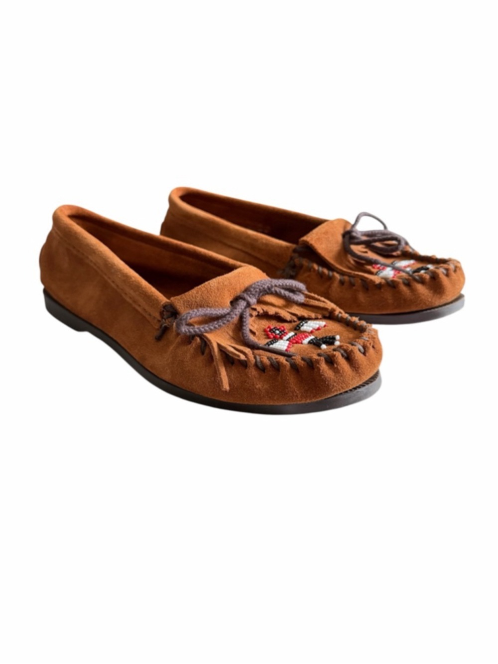 Minnetonka Thunderbird Moccasin Flats Womens 7.5 Brown Suede Beaded Loafers